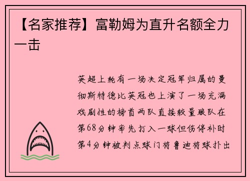 【名家推荐】富勒姆为直升名额全力一击